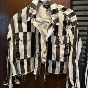 Topshop Black and White Vertical Stripe Cropped Jacket
